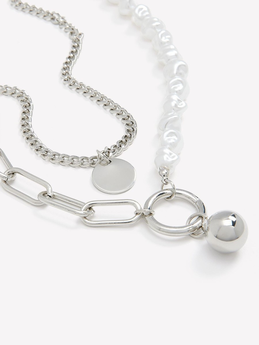 Accessories Penningtons | Two-Layer Short Necklace With Chain Links And Pearls