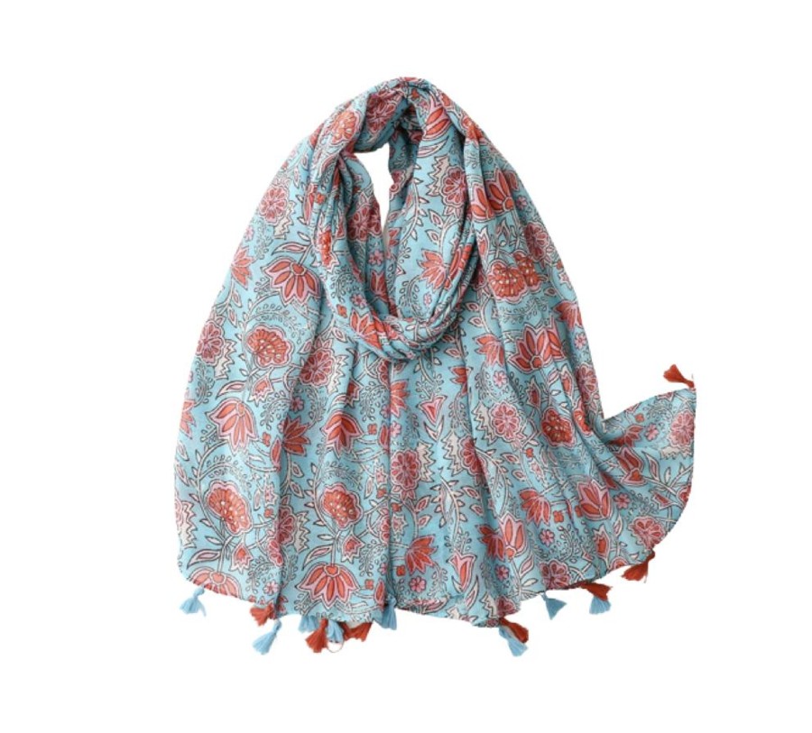 Accessories Penningtons | Blue And Red Flower Scarf With Tassels - Don'T Ask - Penningtons