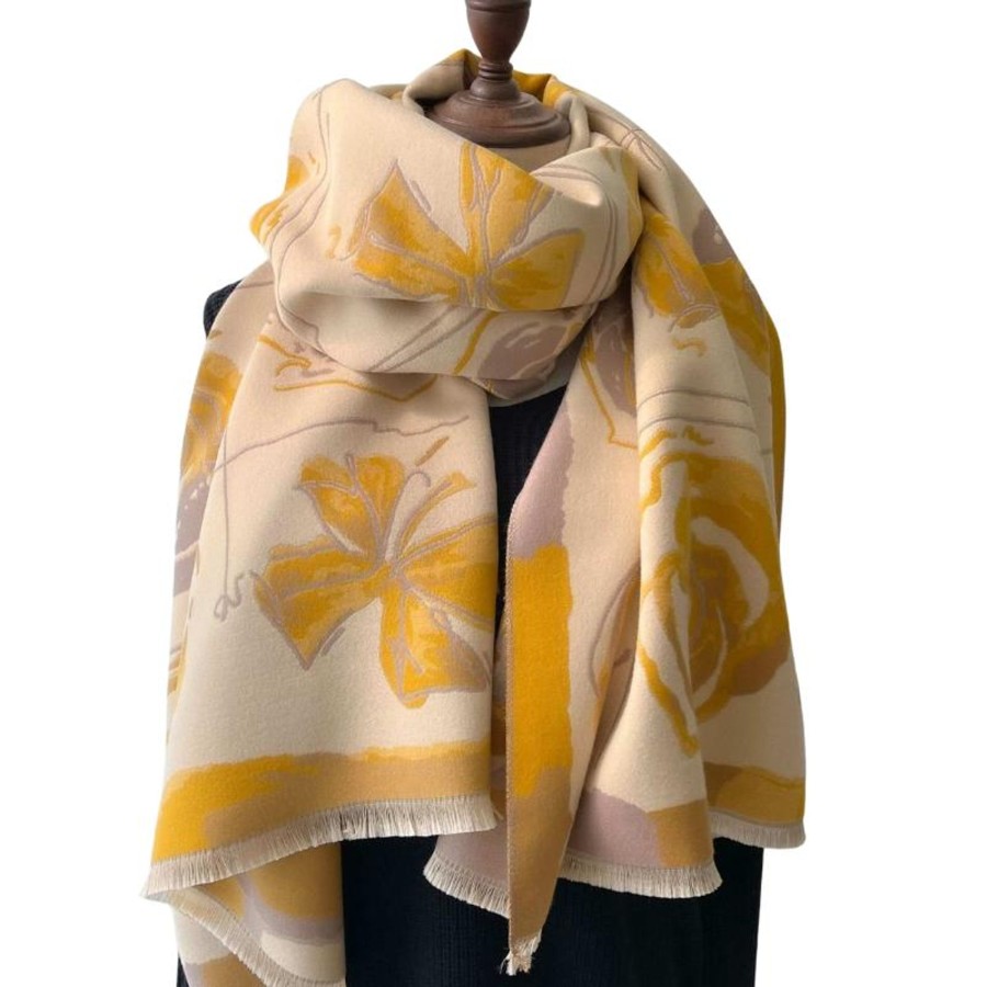 Accessories Penningtons | Warm And Luxurious Winter Scarf With Tonal Roses In Mustard - Don'T Ask - Penningtons