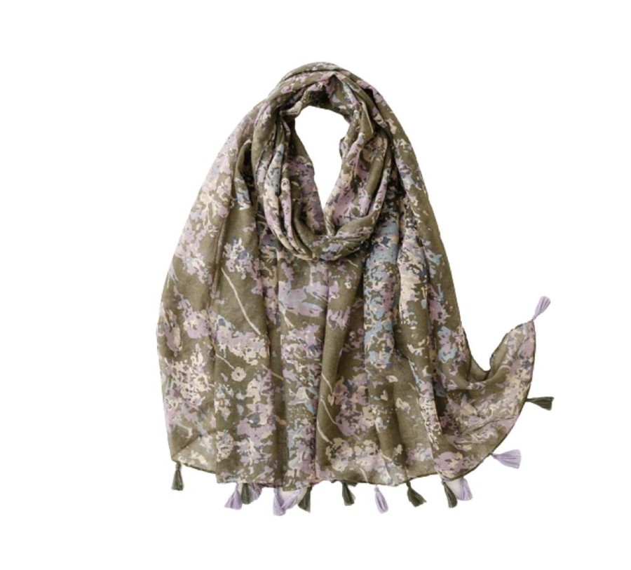 Accessories Penningtons | Moss Green And Lavender Flower Scarf With Tassels - Don'T Ask - Penningtons