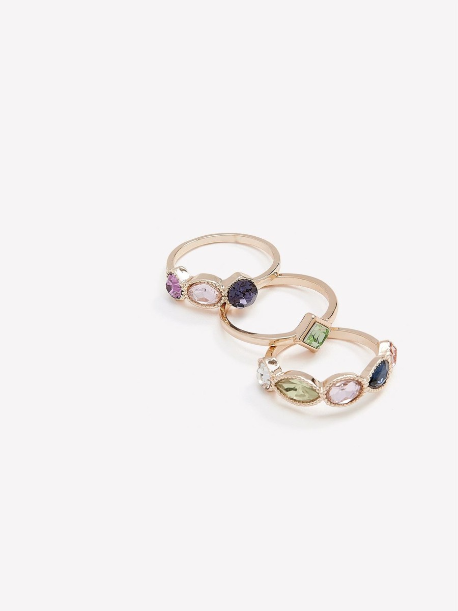 Accessories Penningtons | Assorted Golden Rings With Coloured Stones, Set Of 3