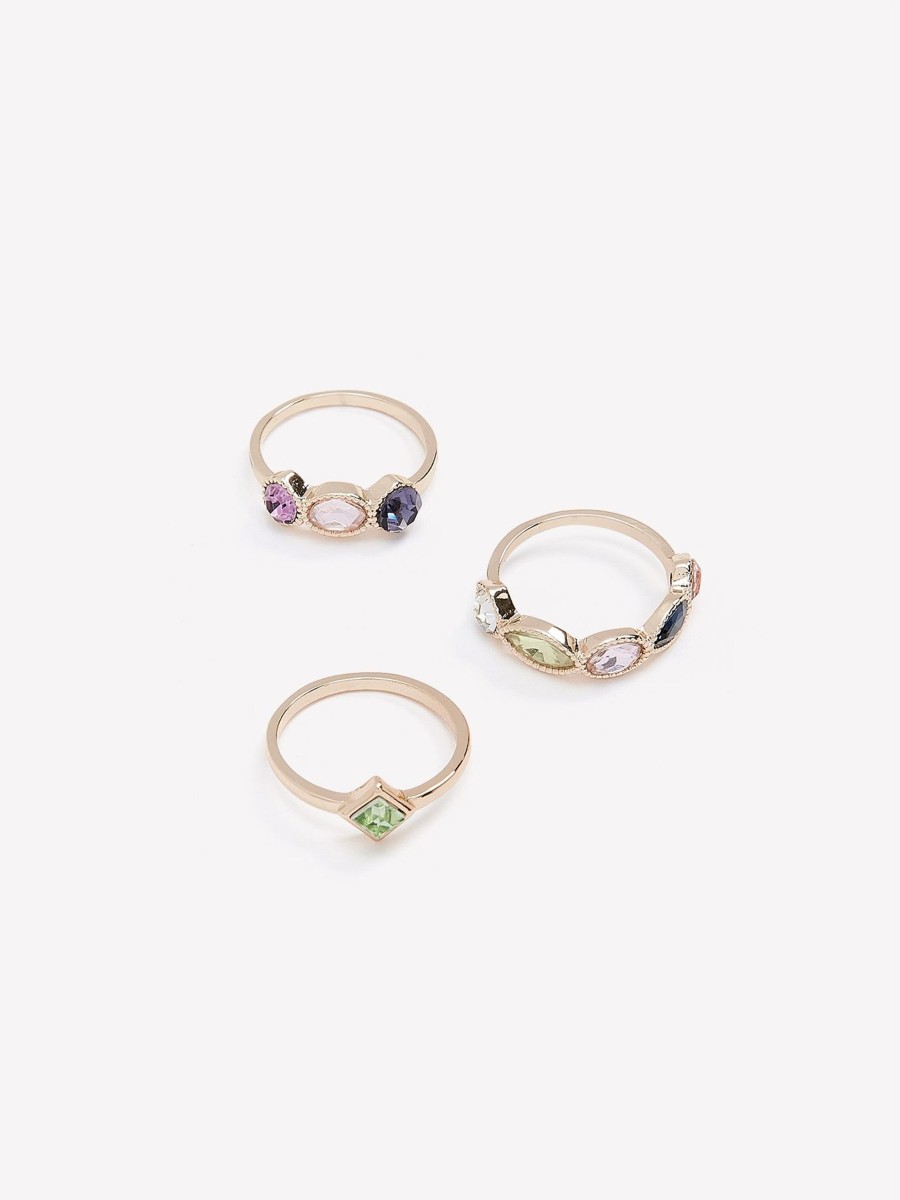 Accessories Penningtons | Assorted Golden Rings With Coloured Stones, Set Of 3