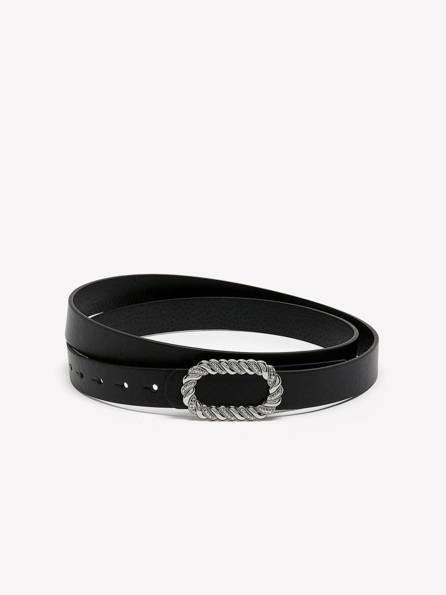 Accessories Penningtons | Slim Black Faux Leather Belt With Fancy Oval Buckle