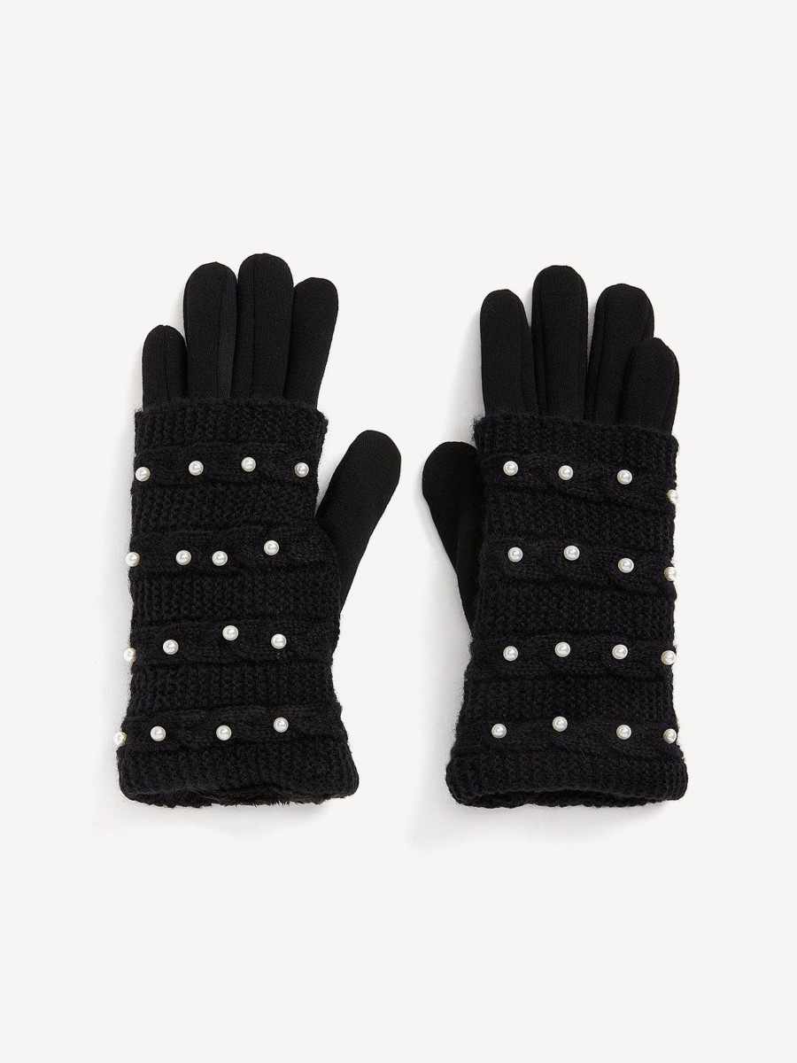 Accessories Penningtons | Black Knit Gloves With Cable Knit Overlay