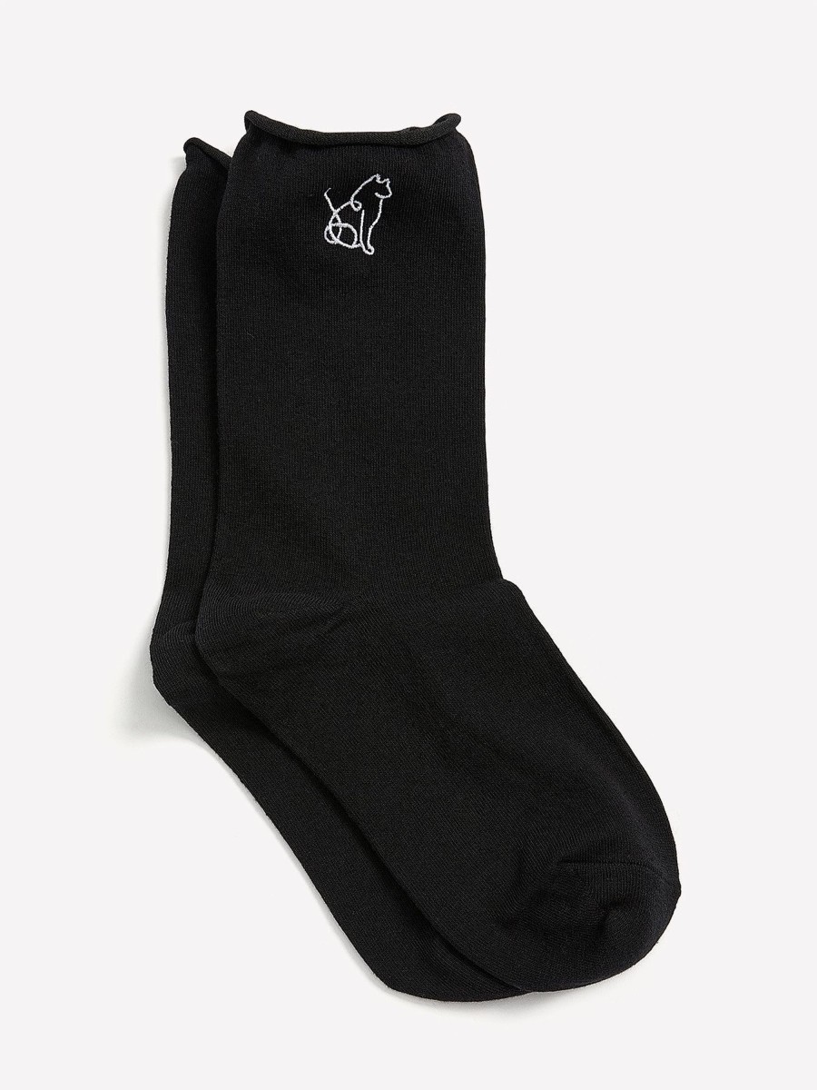 Accessories Penningtons | Black Crew Socks, Cat Placement Print