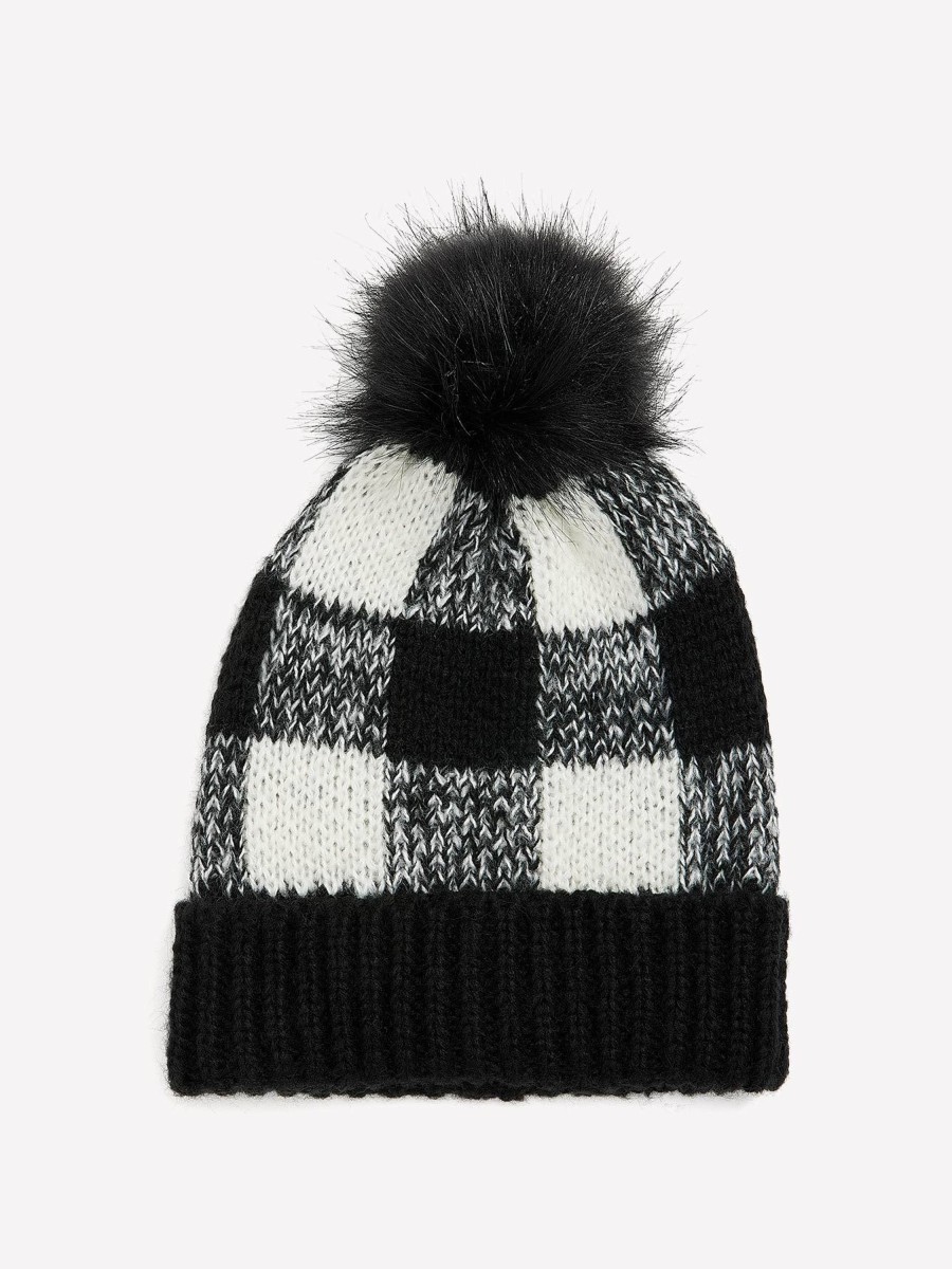 Accessories Penningtons | Black & White Plaid Beanie With Pom