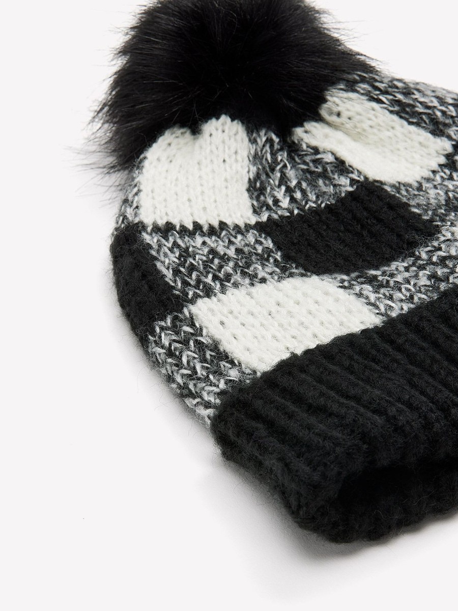 Accessories Penningtons | Black & White Plaid Beanie With Pom