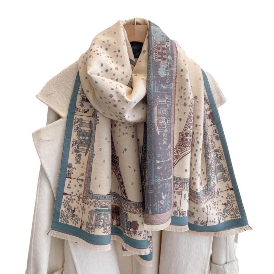 Accessories Penningtons | Beige & Dusty Blue Parisian Patterned Fringe-Trimmed Scarf- Don'T Ask - Penningtons