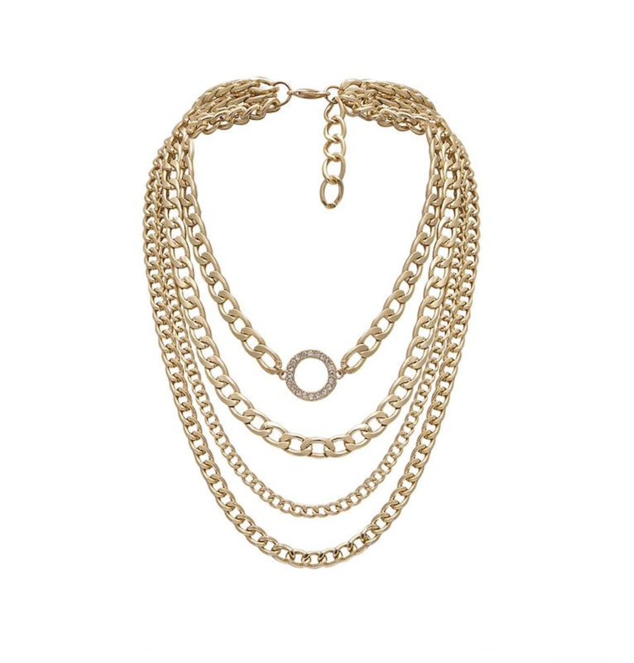 Accessories Penningtons | Goldtone Chain Link Layered Necklace With Crystal Pave Circle Detail- Don'T Ask - Penningtons