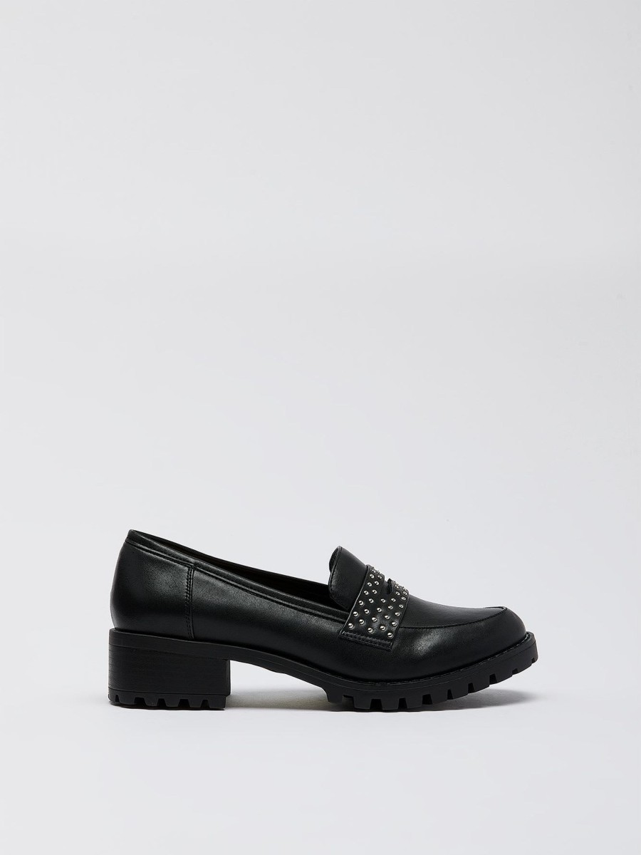 Shoes Penningtons | Extra Wide Width, Black Platform Loafer With Shiny Studs