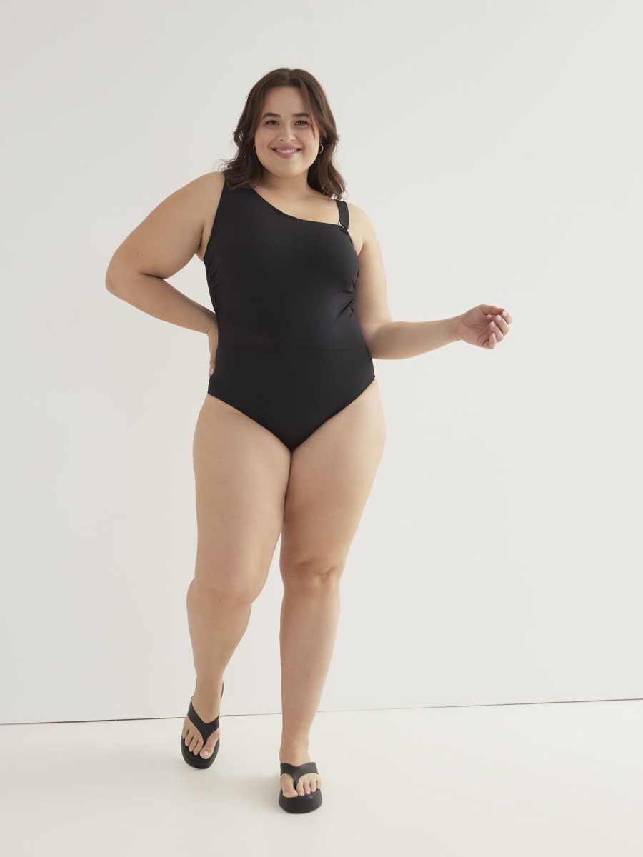 Clothing Penningtons | Black Asymmetrical One-Piece Swimwear With Mesh Insert