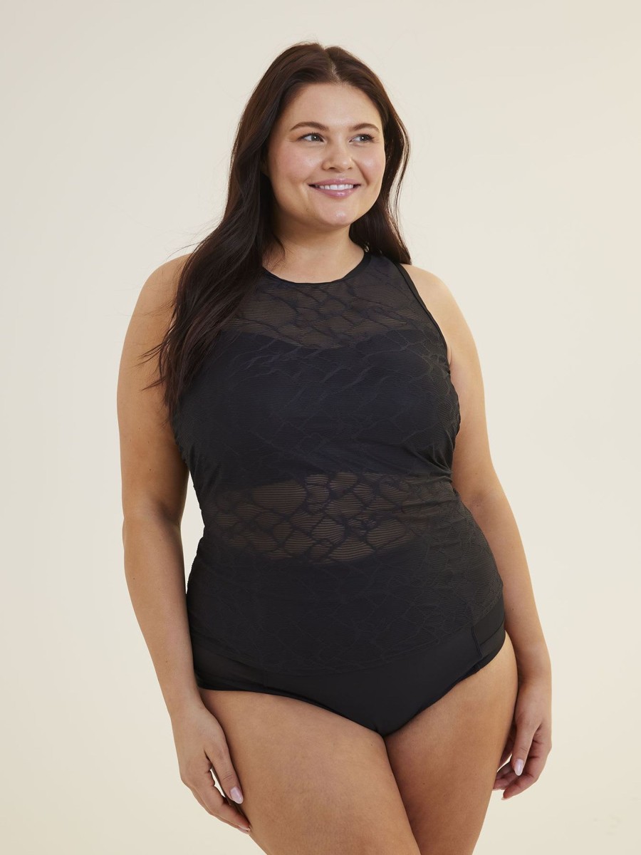 Clothing Penningtons | Black Pattern-Mesh Tankini Top