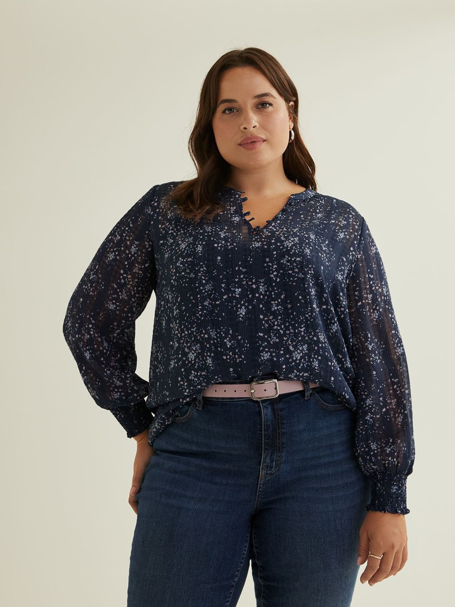 Clothing Penningtons | Floral Blouse With Split Neckline And Smocked Cuffs