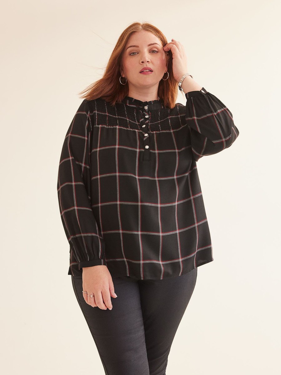 Clothing Penningtons | Black Plaid Blouse With Front Smocking