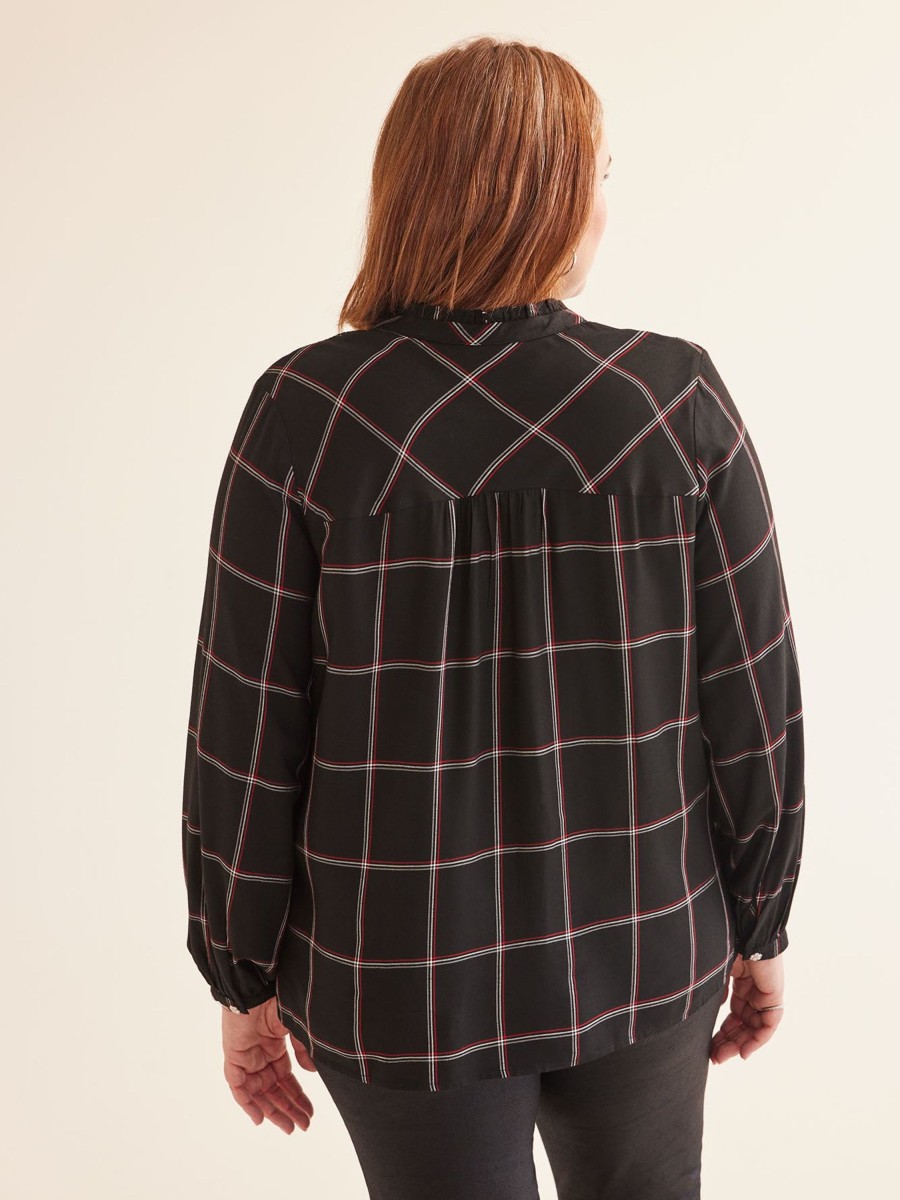 Clothing Penningtons | Black Plaid Blouse With Front Smocking