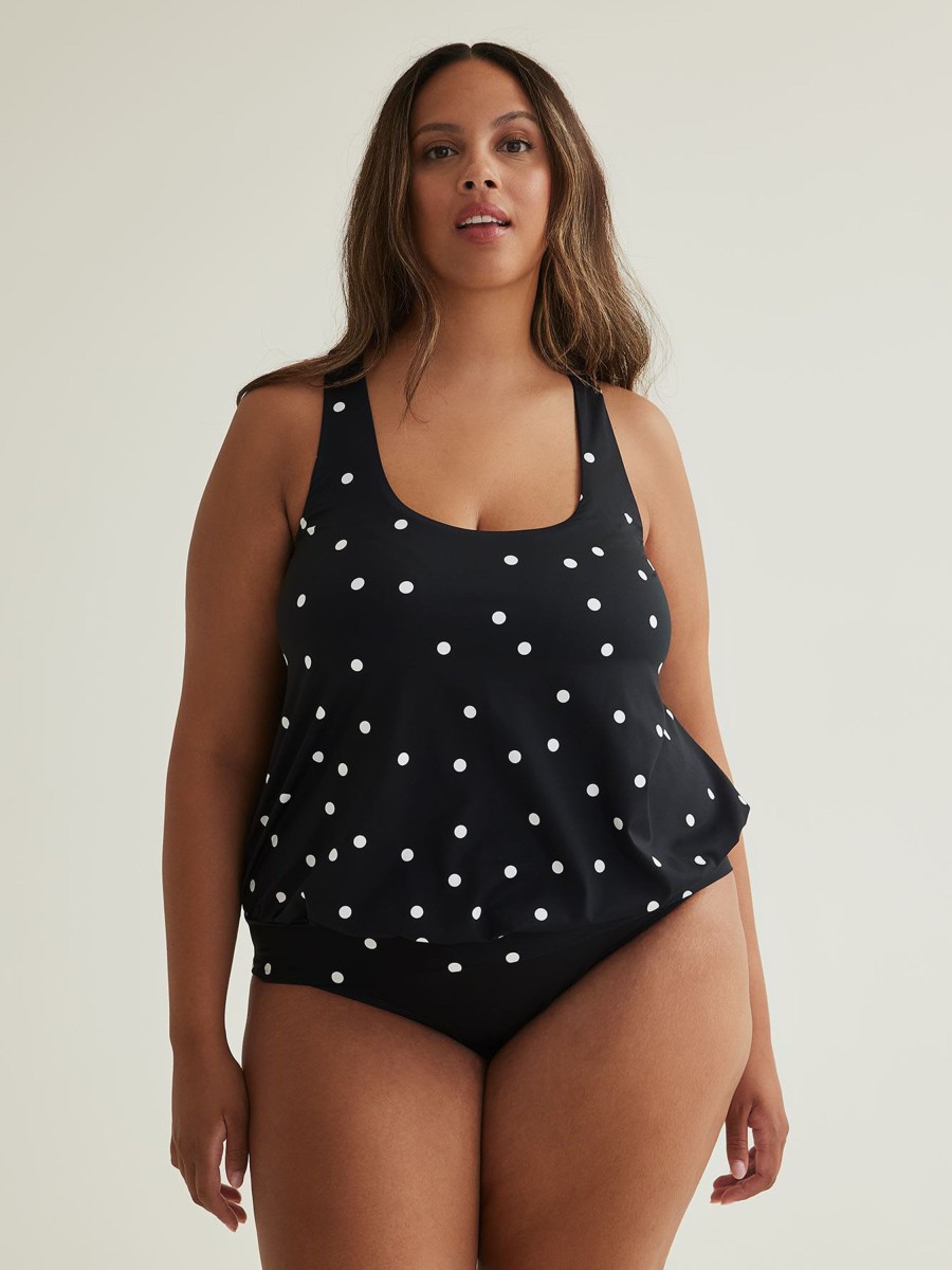 Clothing Penningtons | Black Dotted Tankini Top With Folded Band And Racer Back