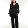 Clothing Penningtons | Black Satin V-Neck Blouse With Elastic Waist - Addition Elle