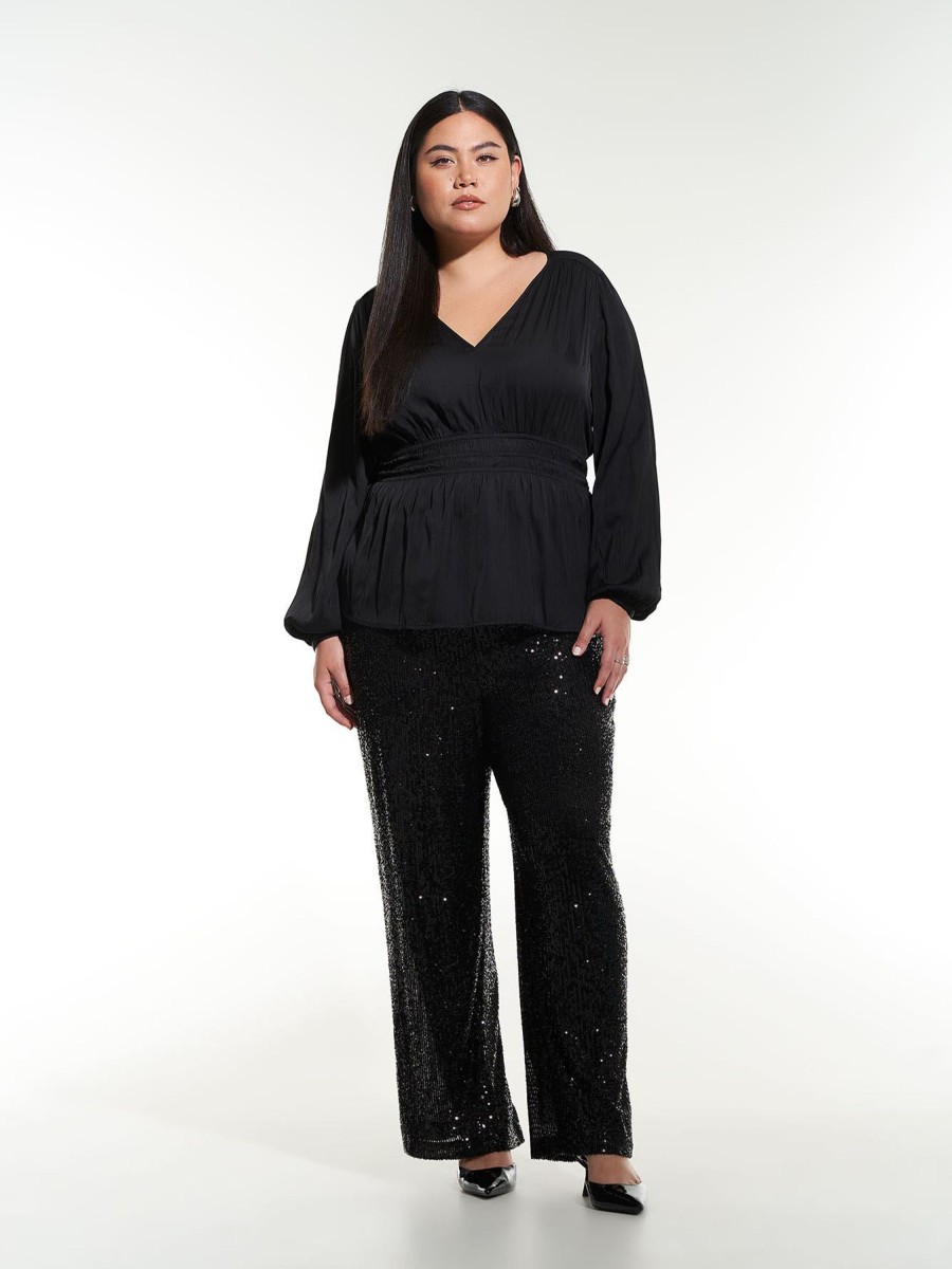 Clothing Penningtons | Black Satin V-Neck Blouse With Elastic Waist - Addition Elle