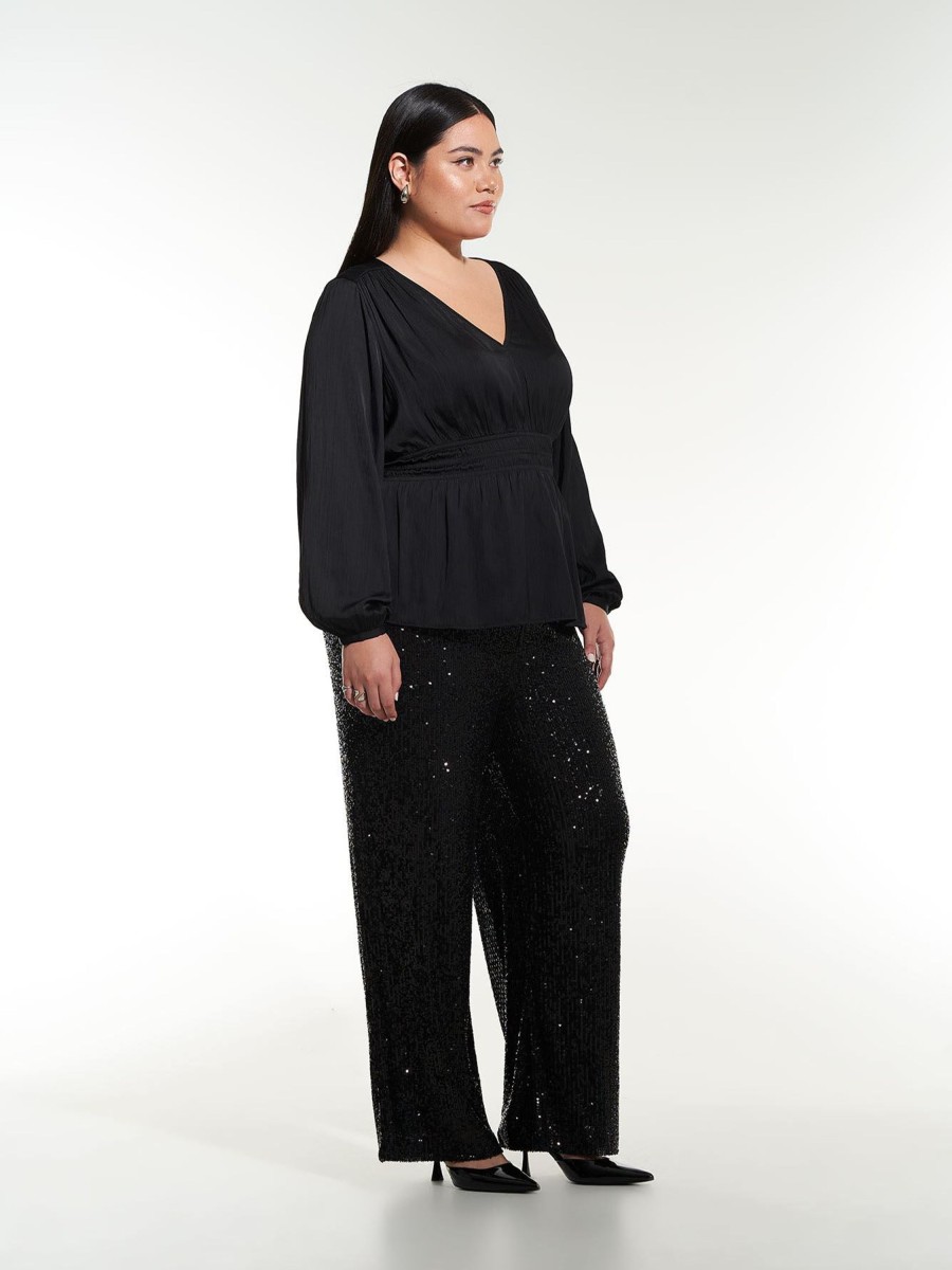 Clothing Penningtons | Black Satin V-Neck Blouse With Elastic Waist - Addition Elle