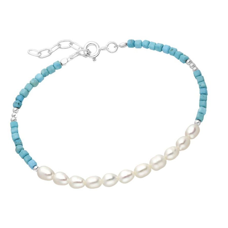 Accessories Penningtons | Sterling Silver Beaded Turquoise & Freshwater Pearl Bracelet By Ag Sterling - Penningtons