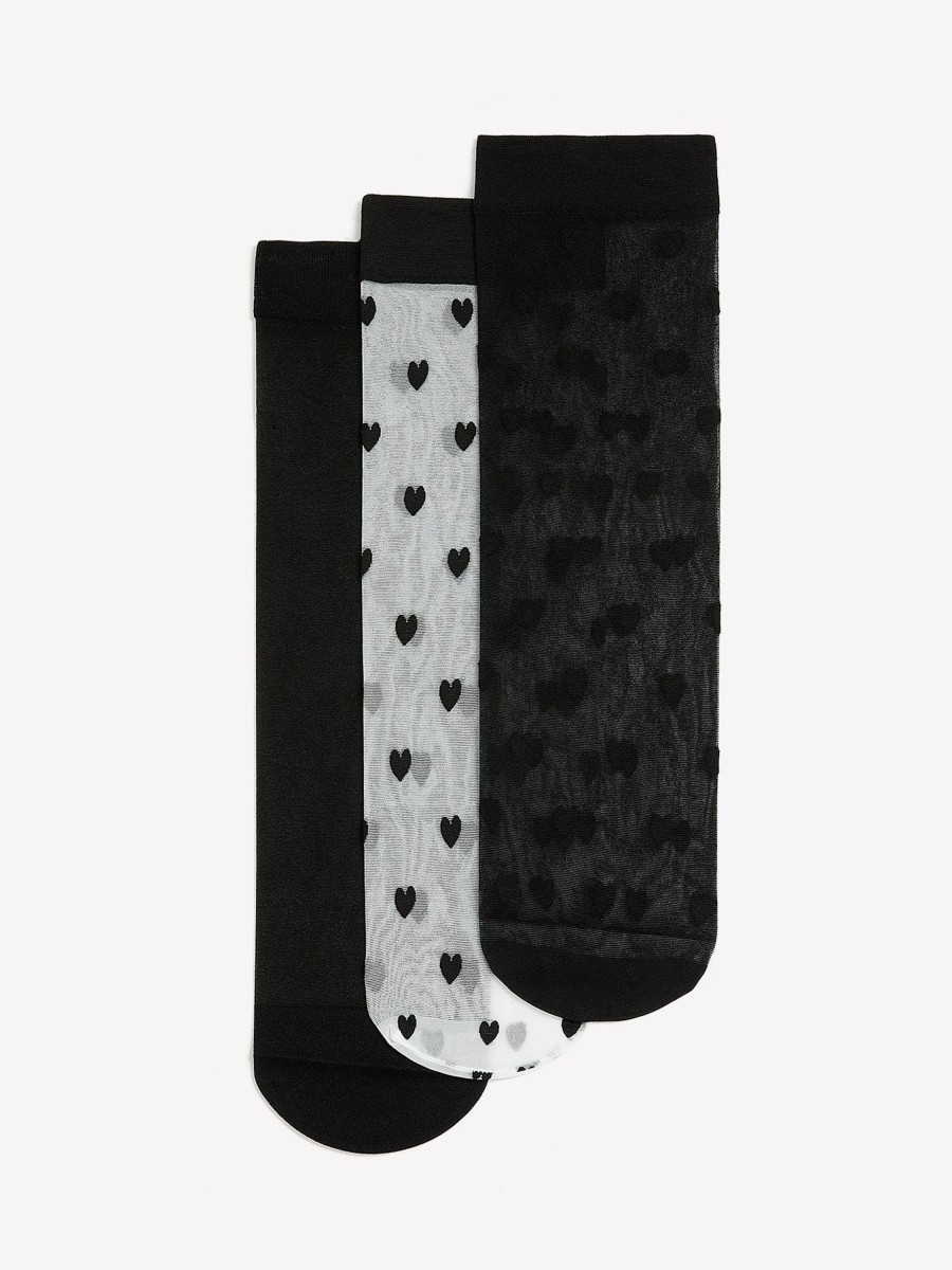 Accessories Penningtons | Black Nylon Ankle Socks Heart Detail, Set Of 3