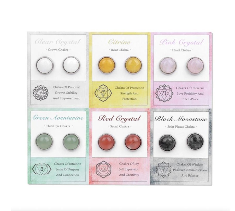 Accessories Penningtons | Gemstone Set Of 6 Circular Stud Earrings: White Quartz, Citrine, Pink Quartz, Aventurine, Red Jasper & Black Moonstone By Don'T Ask - Penningtons