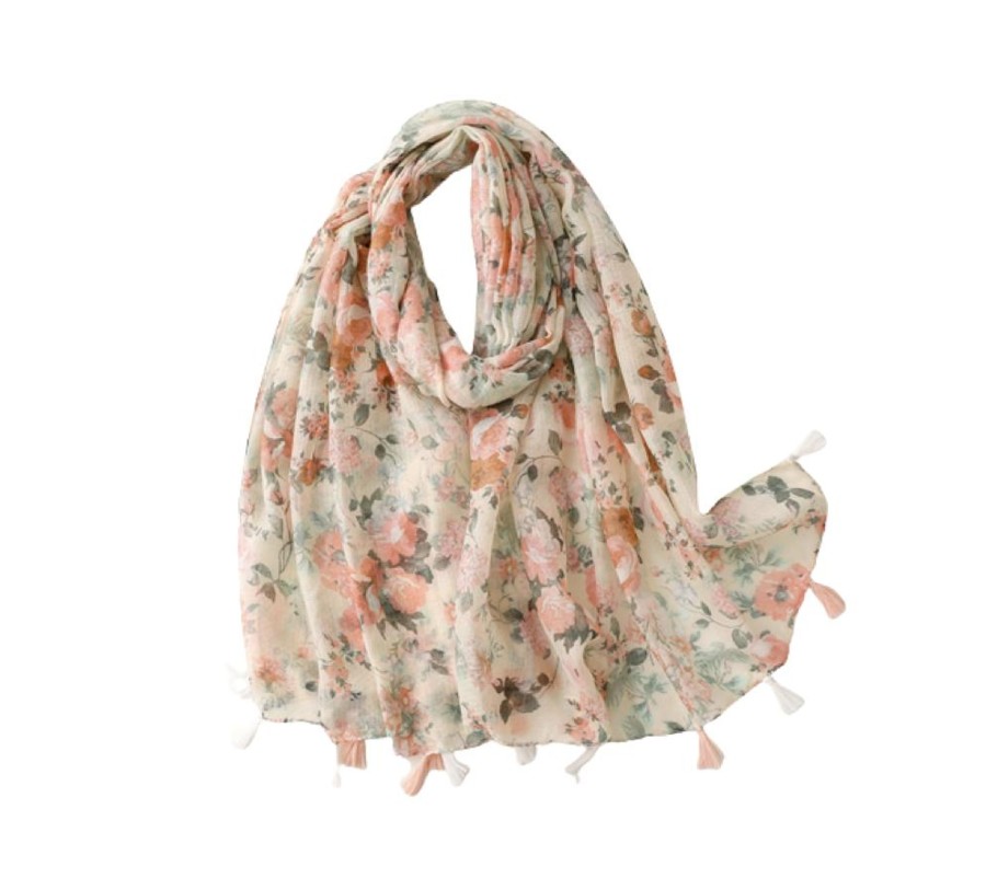 Accessories Penningtons | Delicate Pink Roses Scarf With Tassels - Don'T Ask - Penningtons