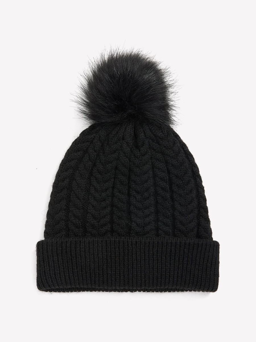 Accessories Penningtons | Black Cable Knit Cuff Beanie With Pom