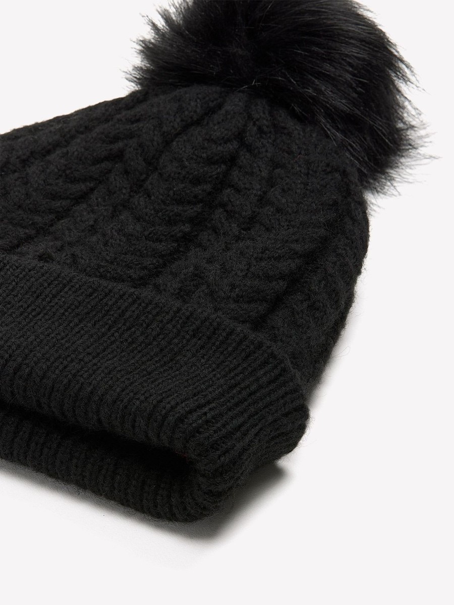 Accessories Penningtons | Black Cable Knit Cuff Beanie With Pom