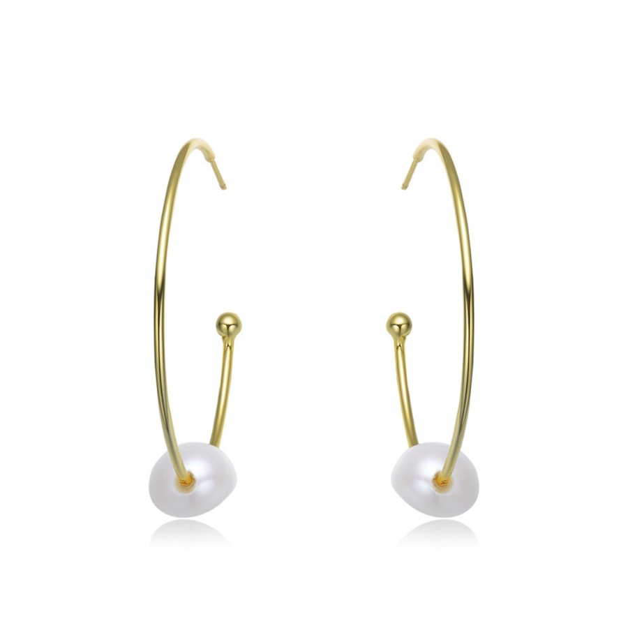 Accessories Penningtons | Stylish Sterling Silver With 14K Yellow Gold Plating And Genuine Freshwater Pearl Hoop Earrings - Penningtons