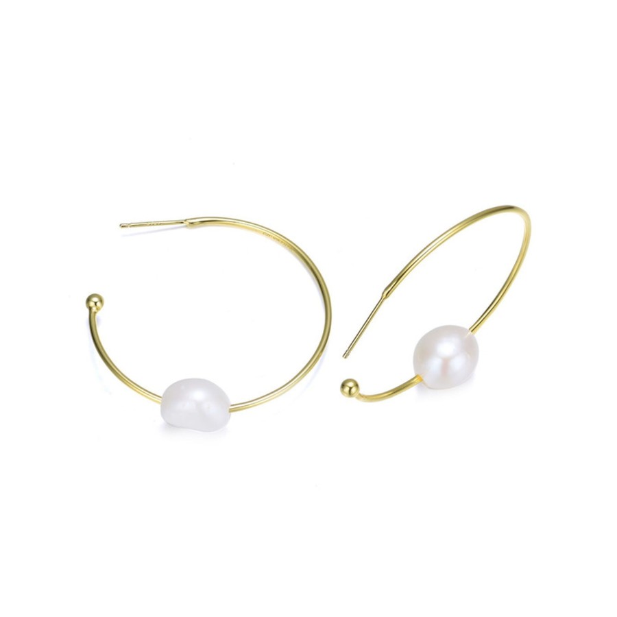 Accessories Penningtons | Stylish Sterling Silver With 14K Yellow Gold Plating And Genuine Freshwater Pearl Hoop Earrings - Penningtons