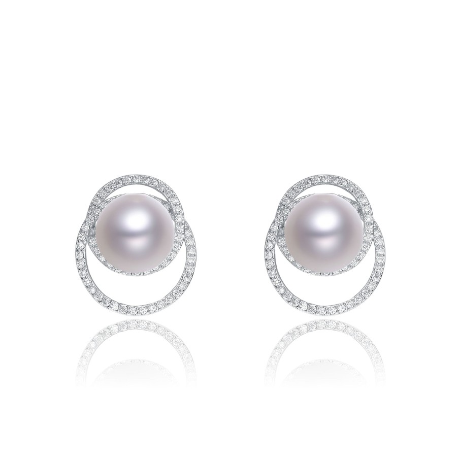 Accessories Penningtons | Cubic Zirconia Sterling Silver White Gold Plated With Round Pearl Earrings - Penningtons