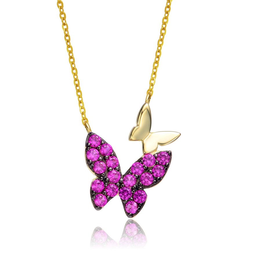 Accessories Penningtons | Gv Sterling Silver 14K Yellow Gold Plated With Ruby Cubic Zirconia Double Butterfly Layering Necklace - Penningtons