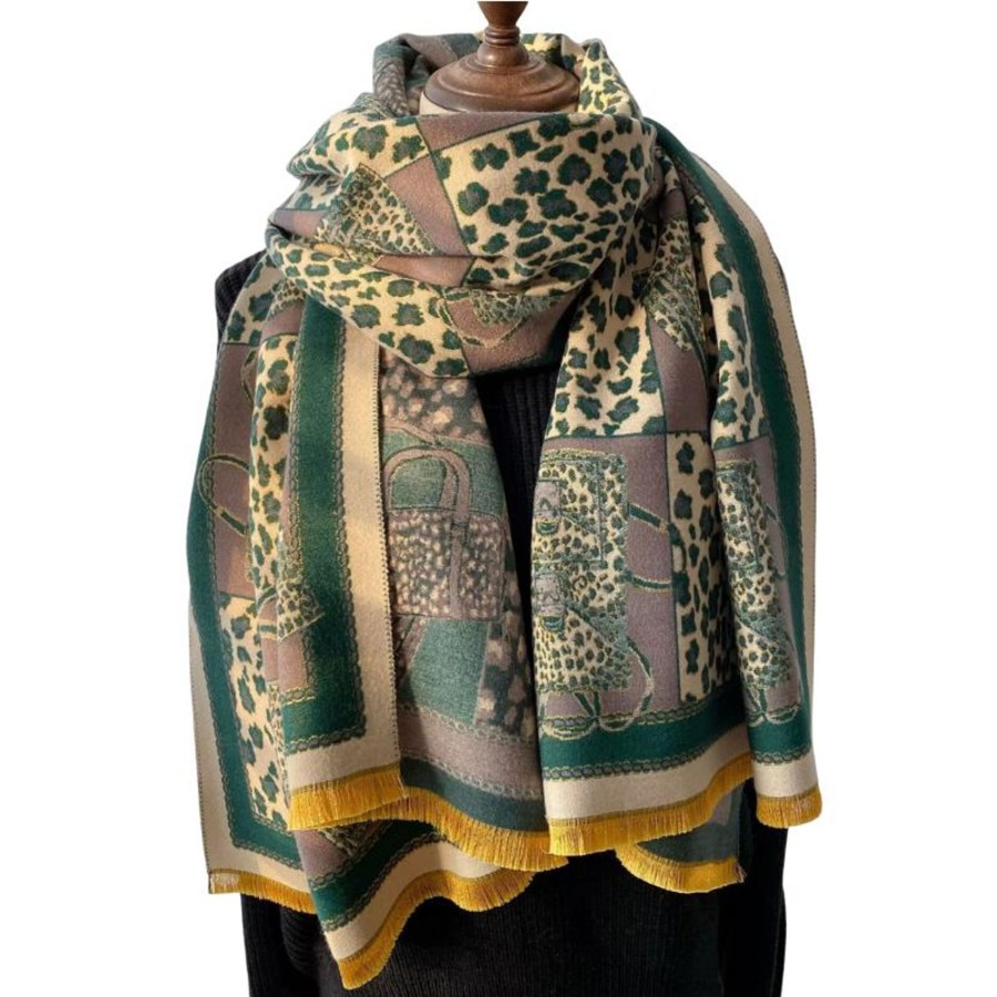 Accessories Penningtons | Luxurious Leopard And Geometric Scarf In Green- Don'T Ask - Penningtons