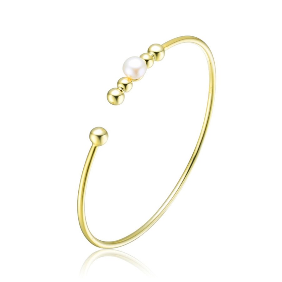 Accessories Penningtons | Sterling Silver With 14K Yellow Gold Plated 6.5Mm Fresh Water Pearl Bangle Bracelet - Penningtons