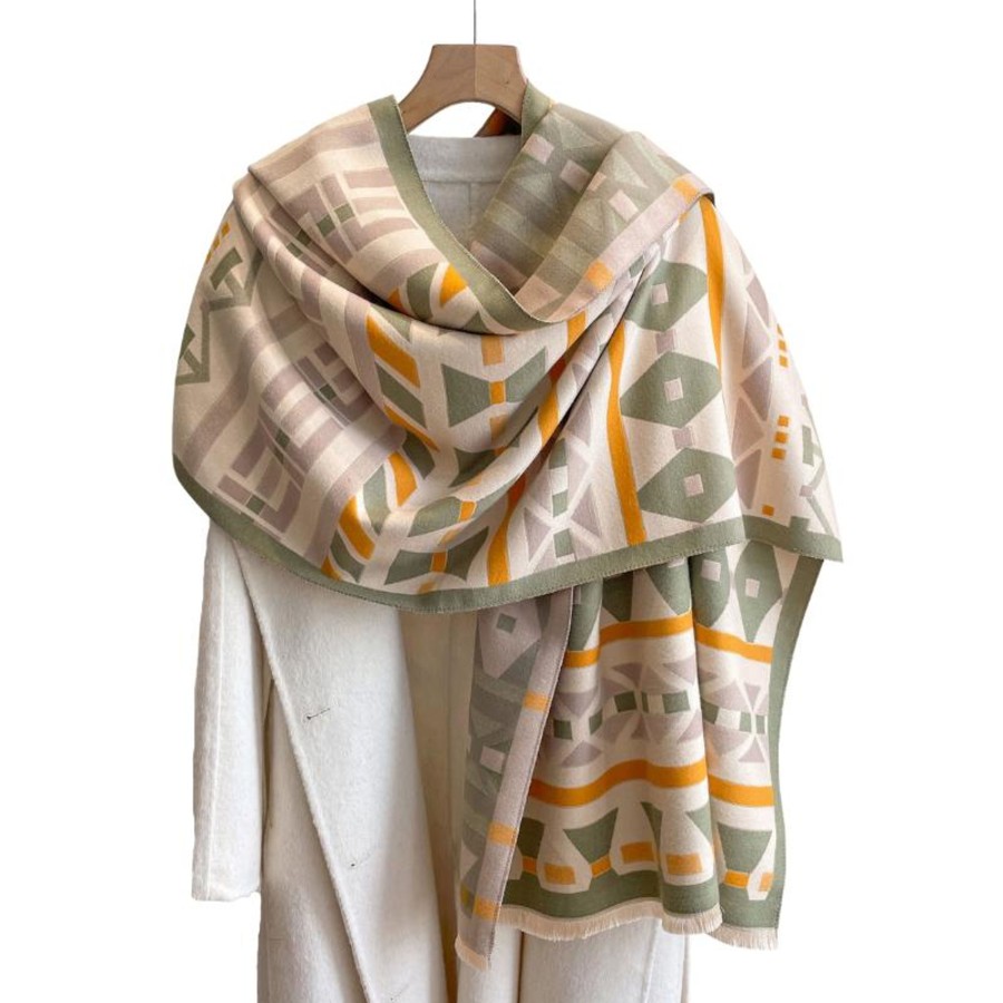 Accessories Penningtons | Beige, Olive Green & Orange Geometric Patterned Scarf - Don'T Ask - Penningtons