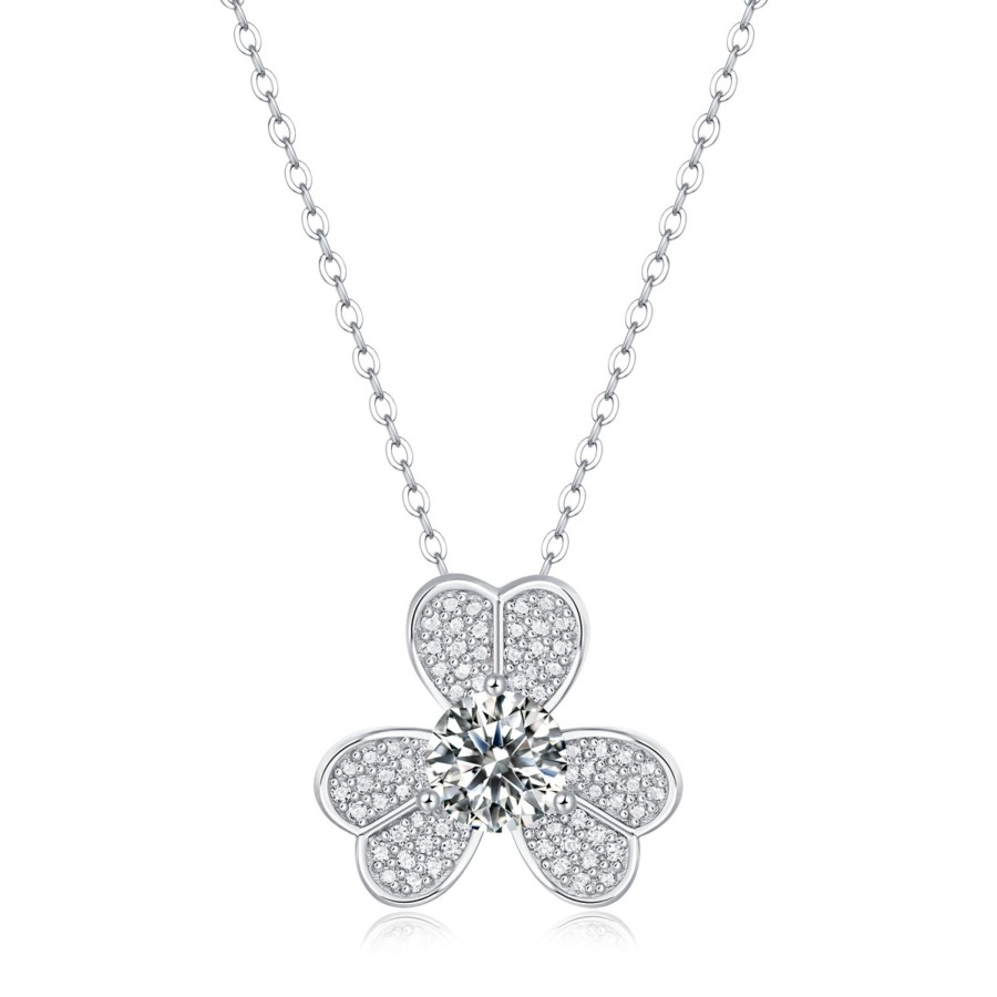 Accessories Penningtons | Sv Sterling Silver 1Ctw Lab Created Moissanite Fr Pave Blooming Flower Solitaire Pendant Necklace - Penningtons