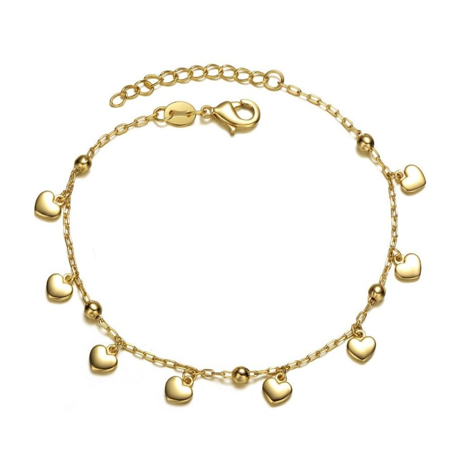 Accessories Penningtons | Rg Young Adults/Teens 14K Yellow Gold Plated Beaded Heart Charm Station Bracelet - Adjustable W/ Extension Chain - Penningtons