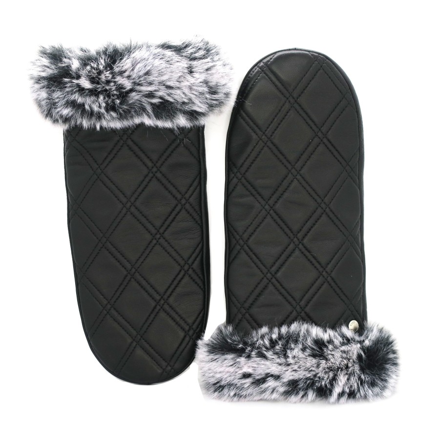 Accessories Penningtons | Cr Ladies - Leather Mittens With Quilted Design And Faux Fur Cuff - Penningtons