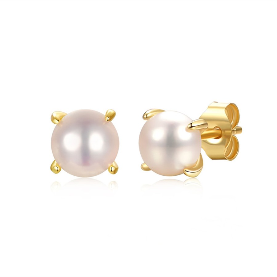 Accessories Penningtons | Sterling Silver 14K Yellow Gold Plating With 5Mm Round White Genuine Pearl Solitaire Stud Earrings - Penningtons