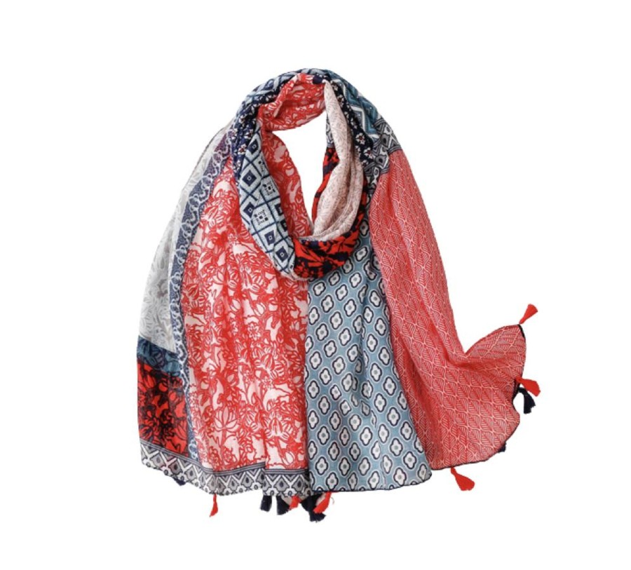 Accessories Penningtons | Red And Navy Multi Pattern Scarf With Tassels - Don'T Ask - Penningtons