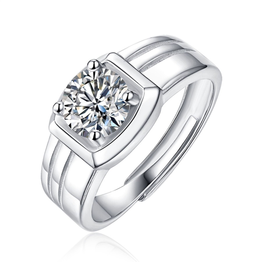 Accessories Penningtons | Sv Sterling Silver 1Ct Round Lab Created Moissanite Solitaire Grooved Anniversary Adjustable Ring - Penningtons