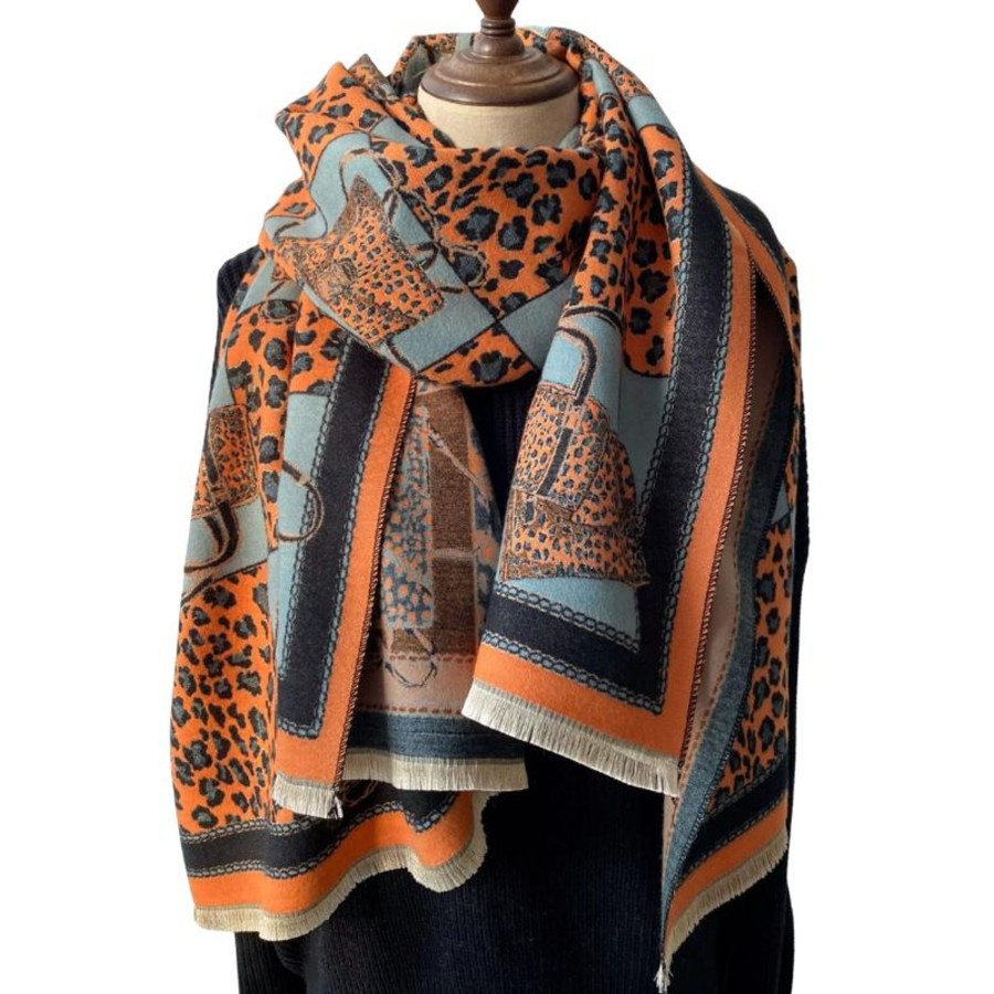 Accessories Penningtons | Luxurious Leopard And Geometric Scarf In Dusy Blue- Don'T Ask - Penningtons