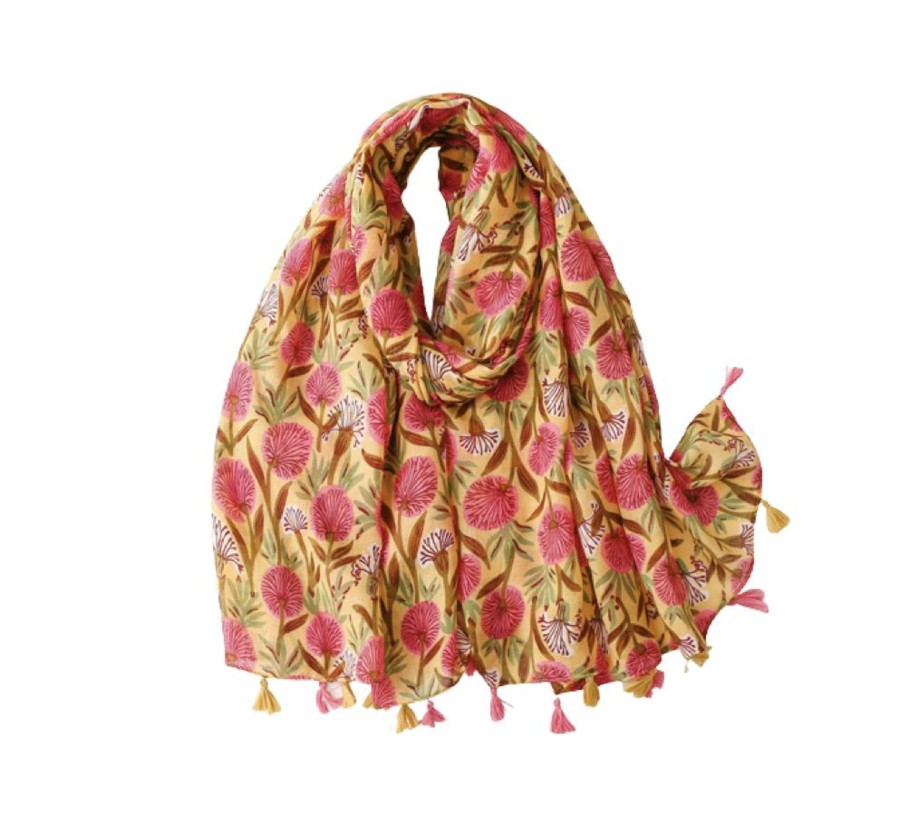 Accessories Penningtons | Yellow And Pink Spray Flower Scarf With Tassels - Don'T Ask - Penningtons