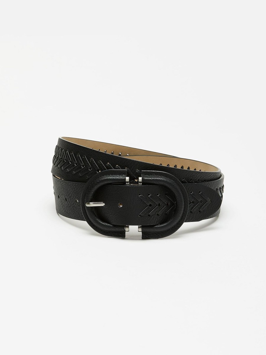 Accessories Penningtons | Black Faux Leather Waist Belt With Herringbone Pattern