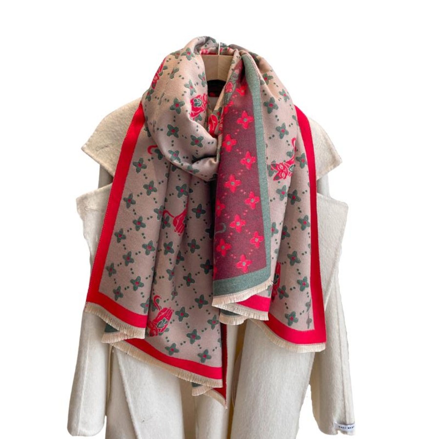 Accessories Penningtons | Greige, Red & Green Floral Patterned Cat Scarf- Don'T Ask - Penningtons