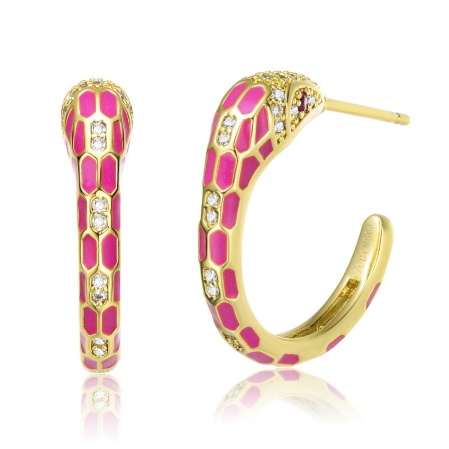 Accessories Penningtons | Rg 14K Yellow Gold Plated With Cubic Zirconia Pink Enamel Python Snake C-Hoop Earrings - Penningtons