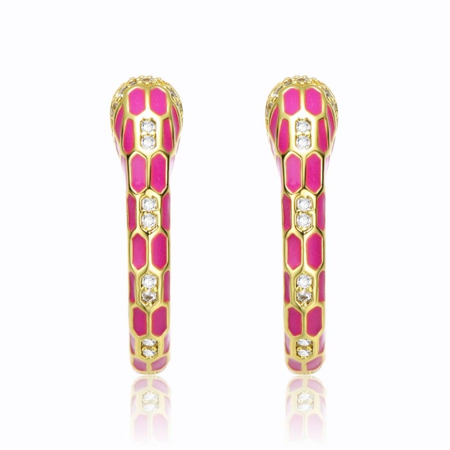 Accessories Penningtons | Rg 14K Yellow Gold Plated With Cubic Zirconia Pink Enamel Python Snake C-Hoop Earrings - Penningtons