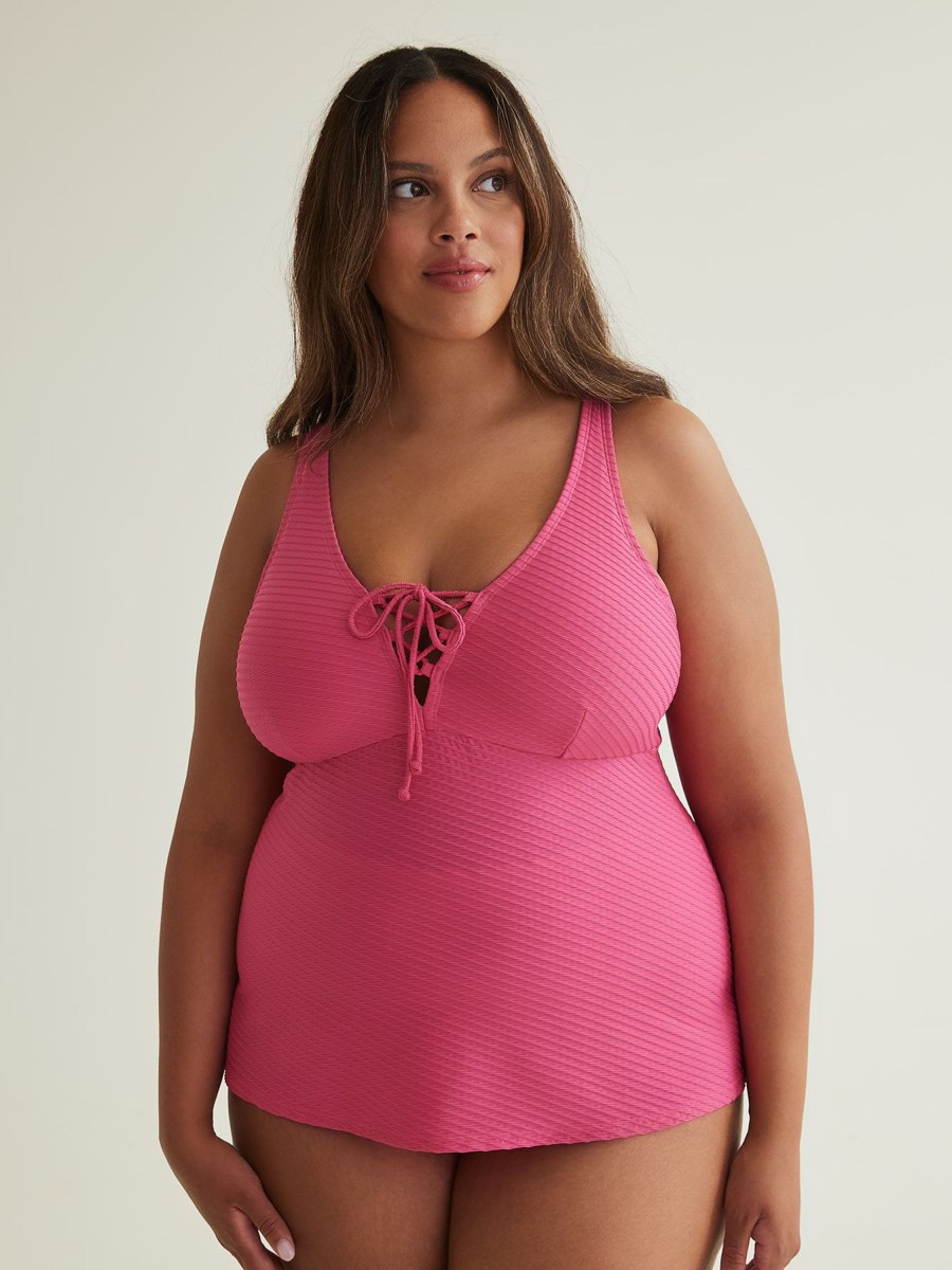 Clothing Penningtons | Textured A-Line Tankini Top With Laced-Up V-Neckline