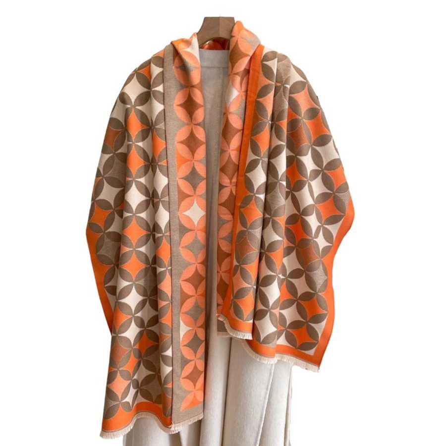 Accessories Penningtons | Orange, Beige & Brown Circular Star Patterned Fringe-Trimmed Scarf - Don'T Ask - Penningtons